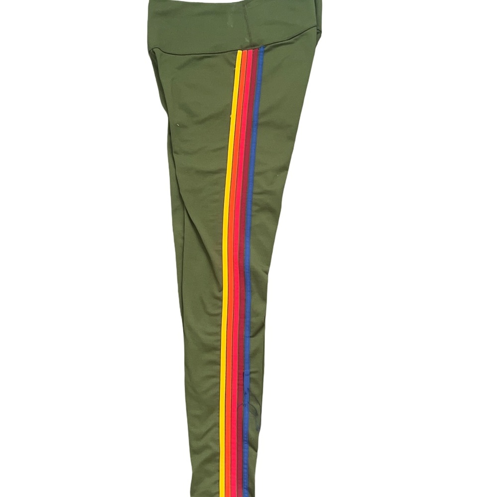 Aviator Nation Green Leggings with Multicolor Stripe